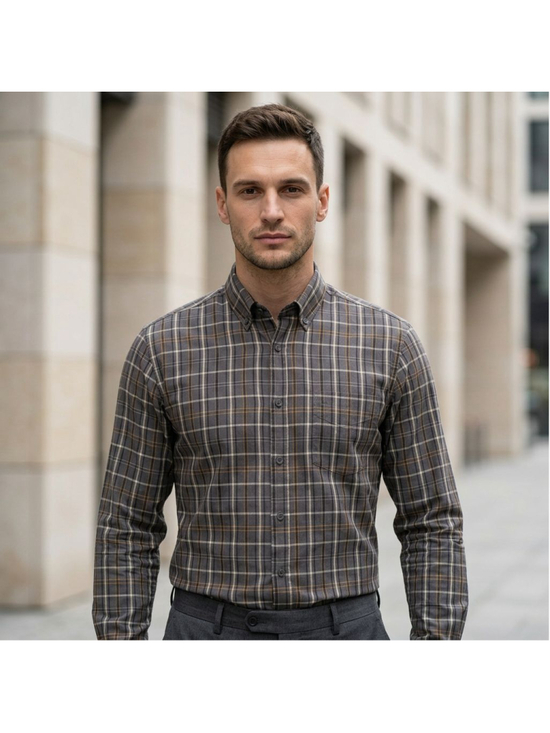 Lion's Den Other - Men's Lion's Den Casual Button Down Shirt L Gray Orange Plaid Business Casual
